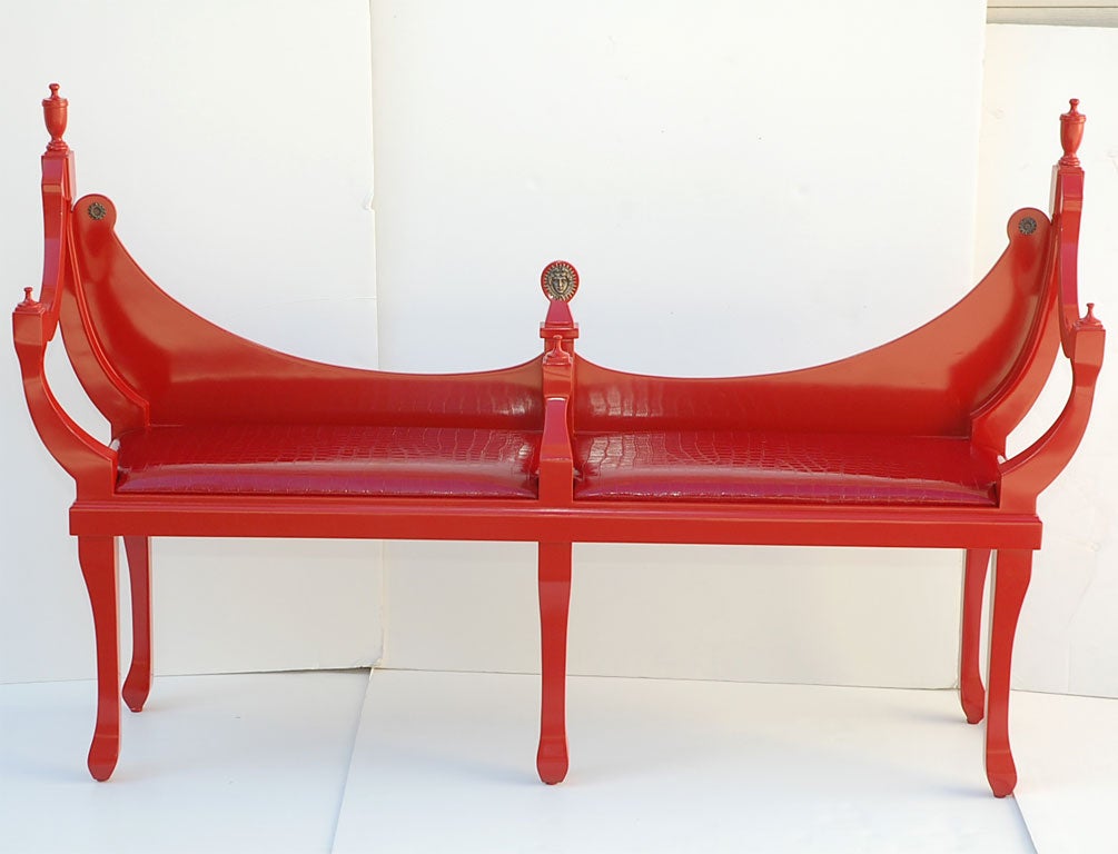 Downtown Classics Collection Bench inspired by Early 19th Century and French Design.  Stamped Leather Seat.<br />
Custom Lacquer Finish Available in any Benjamin Moore Color.