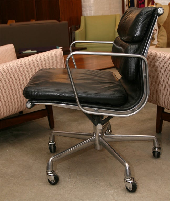 American Charles Eames Black Leather and Chrome Soft Pad Desk Chairs