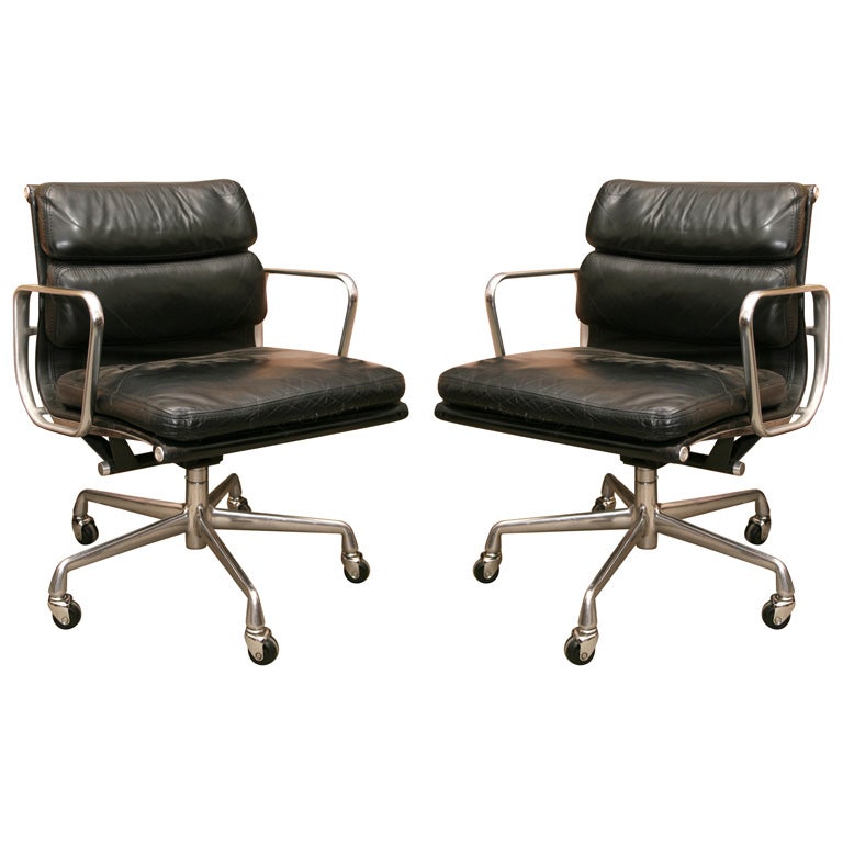 Charles Eames Black Leather and Chrome Soft Pad Desk Chairs
