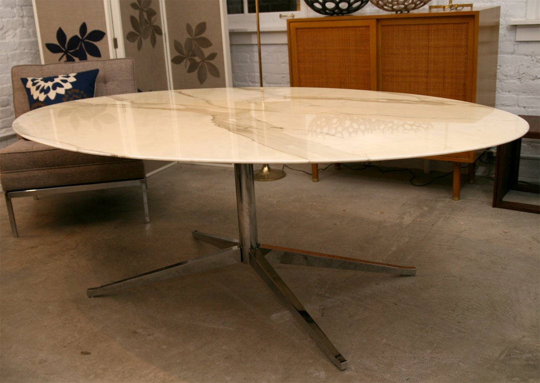 Florence Knoll cream colored marble and chrome oval dining table