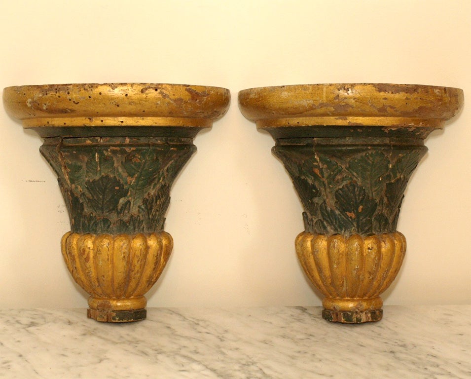 Pair of Carved Wood Appliques painted gold and green