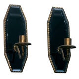 Pair of Brass Candlestick Sconces with Blue Mirrored Inserts