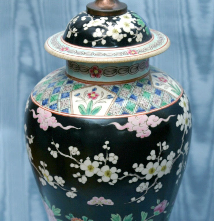 Porcelain Chinese Export Famille Noire Vase Mounted As A Lamp