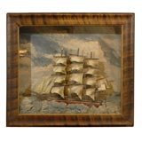 Antique Nautical Diorama with Three-Masted Ship Model on Stormy Sea, circa 1890