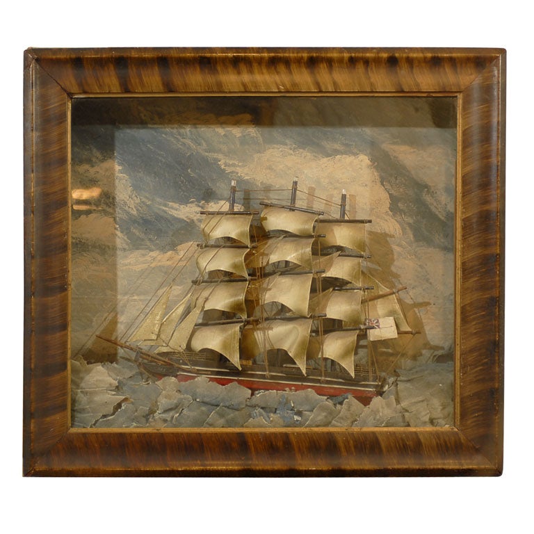 Nautical Diorama with Three-Masted Ship Model on Stormy Sea, circa 1890