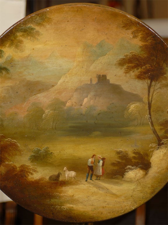 English Painted pedestal tilt top table, landscape on top and continues with the pedestal.