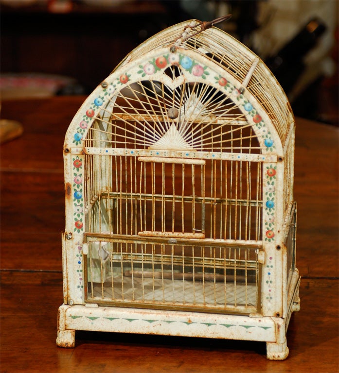 Cira 1920's - 1930's stylized floral paining tole birdcage. Stylized floral paining.
