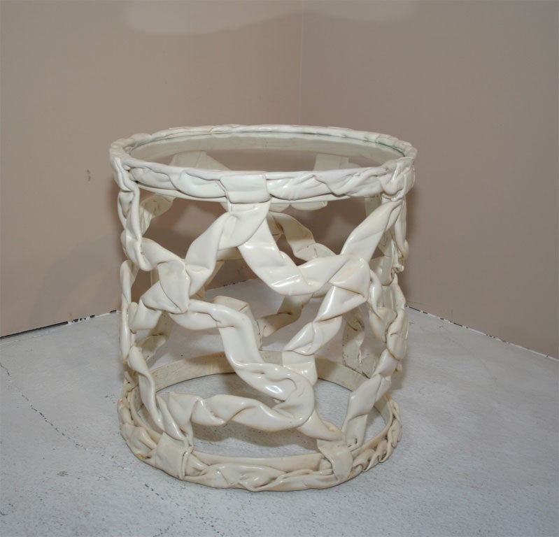 Pair of Resin Ribbon Drum Form Tables after Tony Duquette