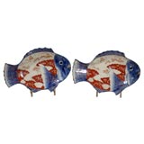 19thC. Imari porcelain fish plates w/ scenic & floral decoration
