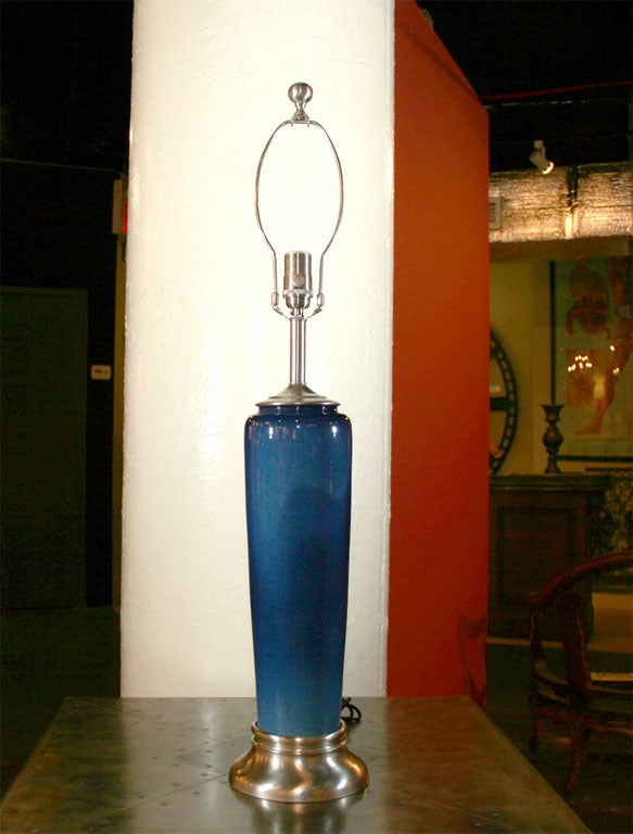 Pair of Cobalt Blue Porcelain Ceramic Lamps on Nickel Bases