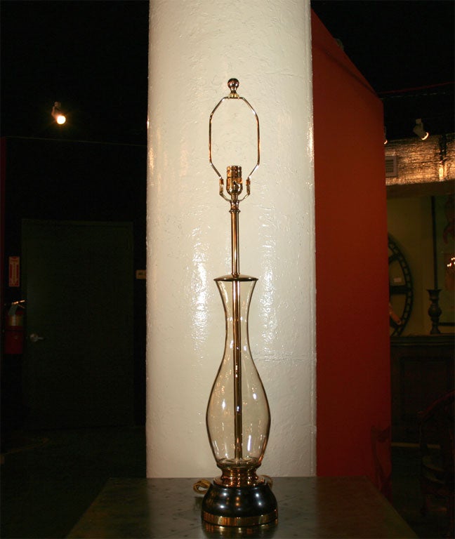 Pair of Blenko Amber Glass Lamps on Ebonized Wood/Brass Bases