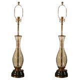 Pair of Blenko Amber Glass Lamps on Ebonized Wood/Brass Bases