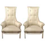 Pair of High Back Chairs in Oyster Silk by James Mont