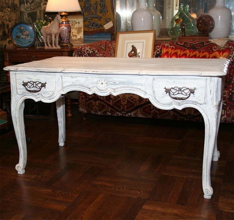 Louis XV Style Three Drawer Painted Writing Table, 20th Century <br />
<br />
55 inches long x 31 inches deep x 30 inches high