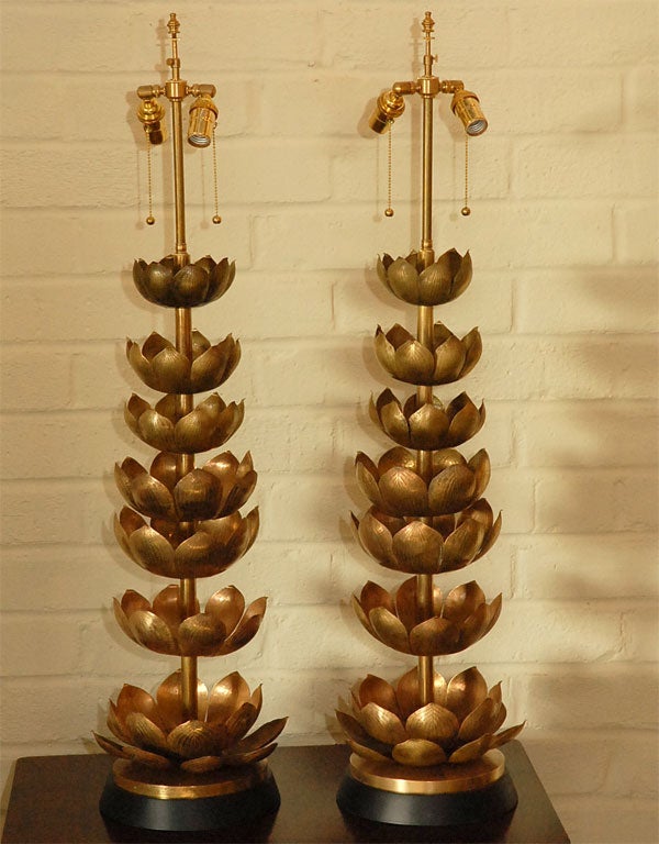 Pair of Tall Brass Lotus Flower Lamps at 1stDibs