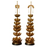 Pair of Tall Brass Lotus Flower Lamps