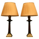 Pair Brass and Wood Column Lamps, France, Late 19th Century