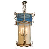 LARGE ART DECO LANTERN WITH BLUE GLASS AT TOP
