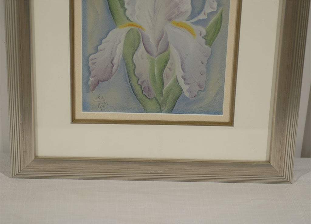 Art Deco Iris Painting: listed American artist Ed Rudy, Illinois 1