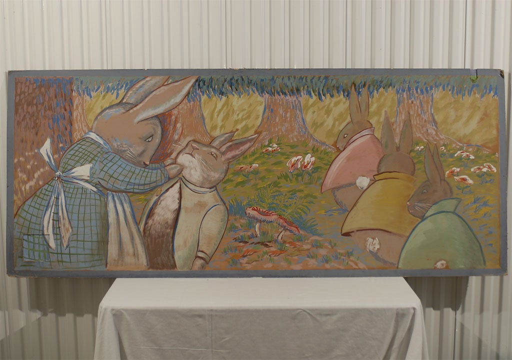 A fabulous and huge painting of Peter Rabbit, Flopsy, Mopsy, and Cottontail with Mama Rabbit.  These paintings came out of the Collins Free Library in New York when the library was demolished to build the new library.  This painting hung in the