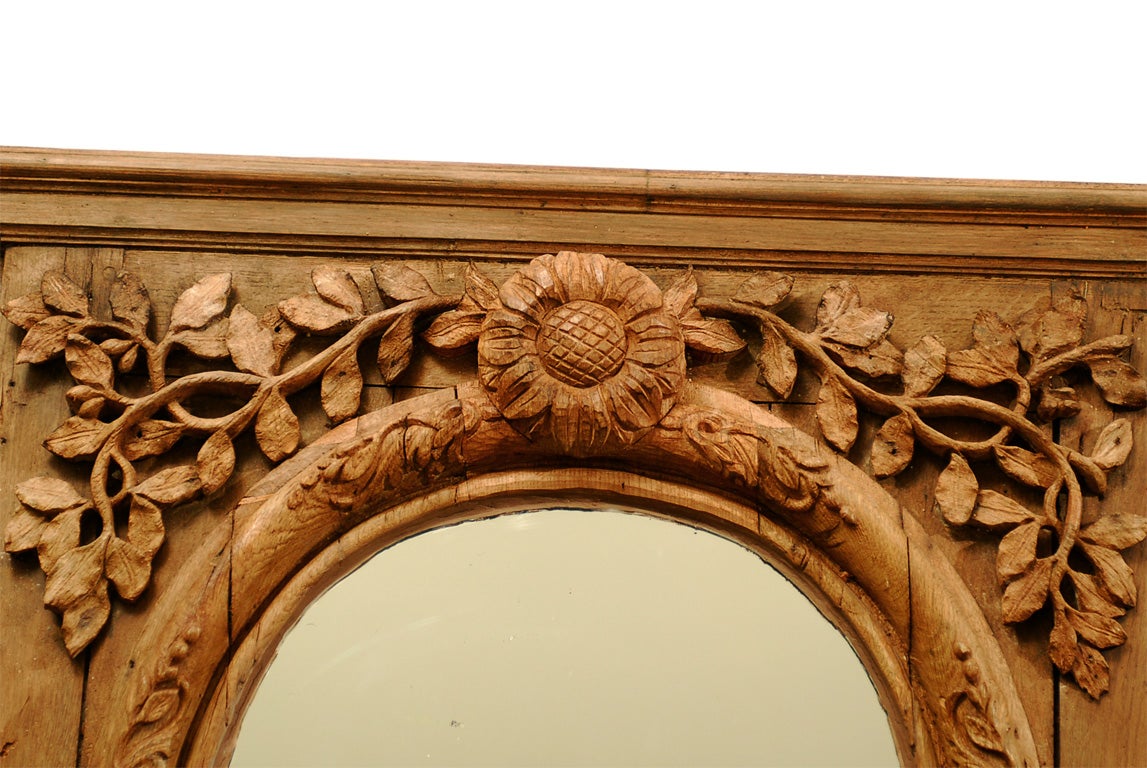 French Carved Wood Trumeau Mirror from Normandy with Oval Mirror and Shelf In Good Condition In Atlanta, GA