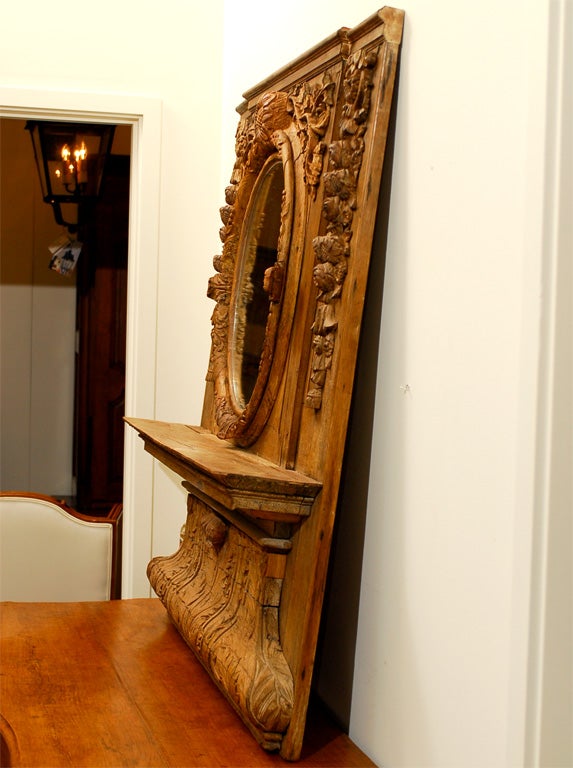 19th Century French Carved Wood Trumeau Mirror from Normandy with Oval Mirror and Shelf