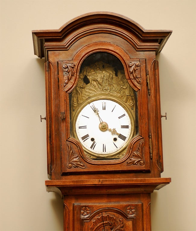 Napoleon III French Napoléon III Carved Walnut Long Case Clock with Brass Farming Scene For Sale
