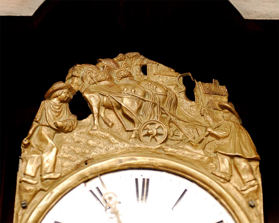 French Napoléon III Carved Walnut Long Case Clock with Brass Farming Scene For Sale 3