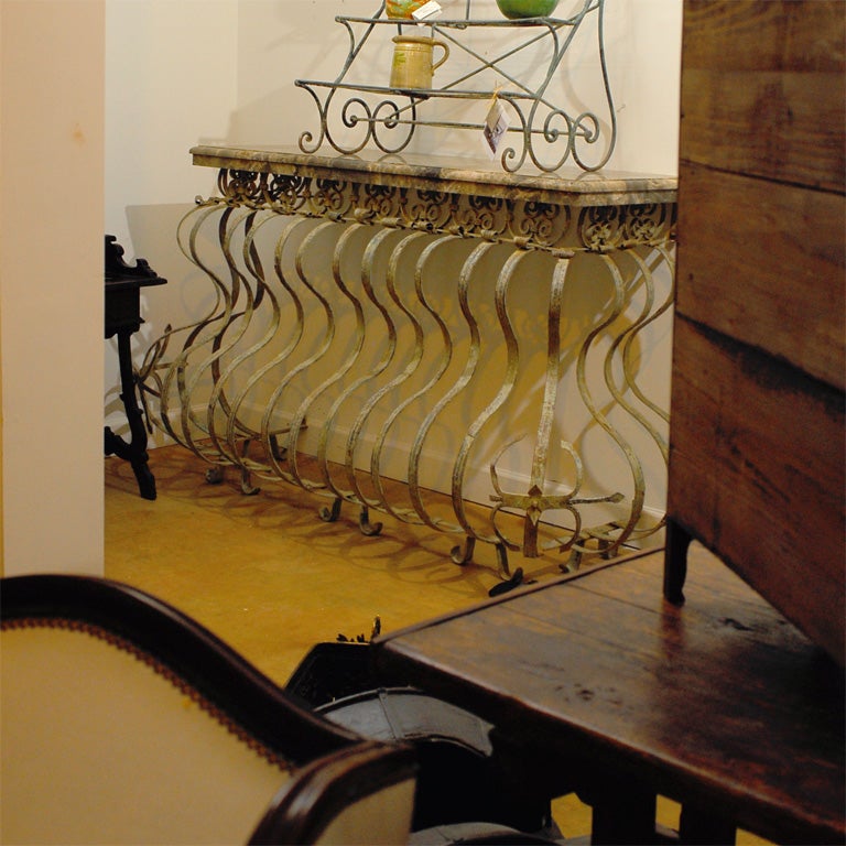 Marble Top Console Table made from an 18th Century Italian Painted Iron Balcony from Tuscany. Please Note This Item is an Antique and is One of a Kind. Please Refer to Our Website for Our Complete Inventory.