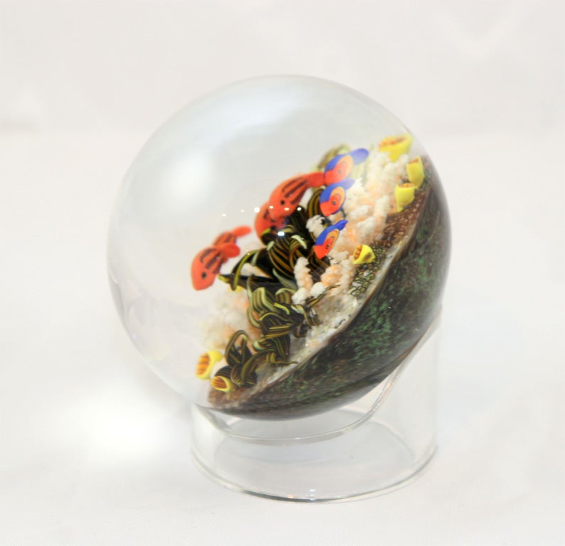 Cathy Richardson lampwork sea life paperweight with fish, coral and sea grasses