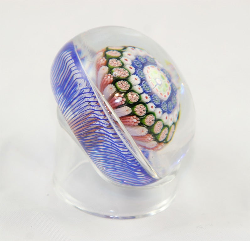 A fine antique St. Louis concentric millefiori mushroom paperweight with blue and white torsade, star cut base, signed SL-1848