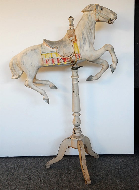 19THC ORIGINAL PAINTED PLATFORM RIDING CAROUSEL HORSE ON STAND FOUND IN PENNSYLVANIA AND ORIGINAL PAINTED SURFACE. GREAT FORM.