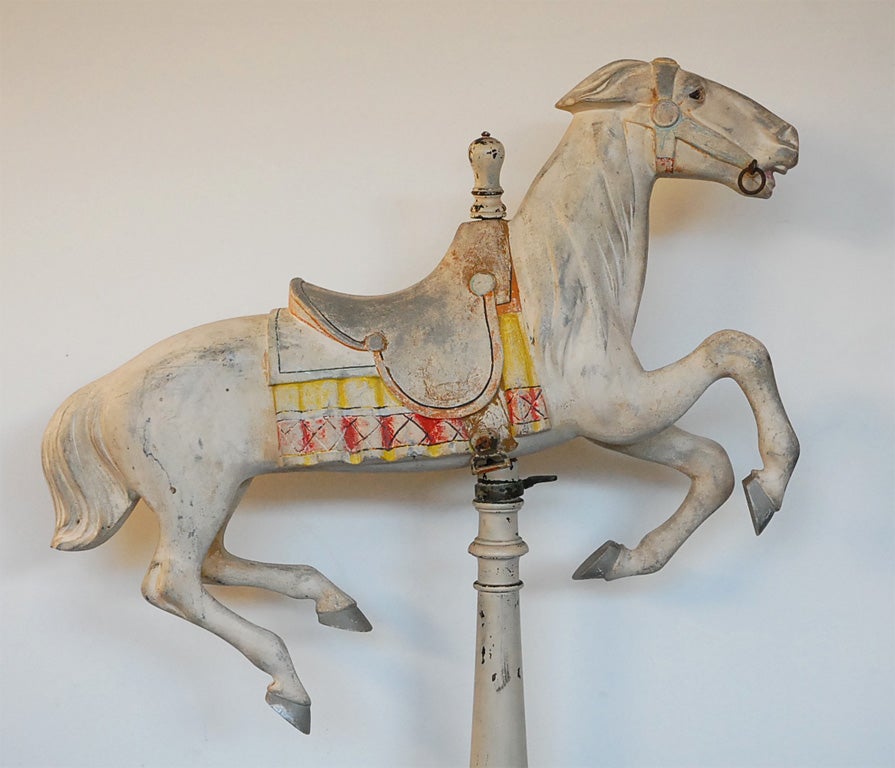 American 19THC ORIGINAL WHITE PAINTED CAROUSEL HORSE ON STAND