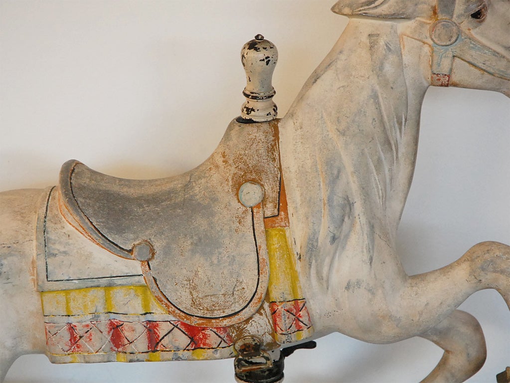 Iron 19THC ORIGINAL WHITE PAINTED CAROUSEL HORSE ON STAND