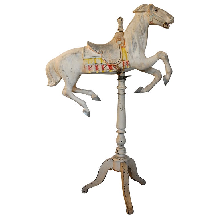 19THC ORIGINAL WHITE PAINTED CAROUSEL HORSE ON STAND