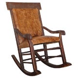 Antique 19THC ORIGINAL PAINTED BROWN ROCKING CHAIR W/LEATHER SEAT&BACK