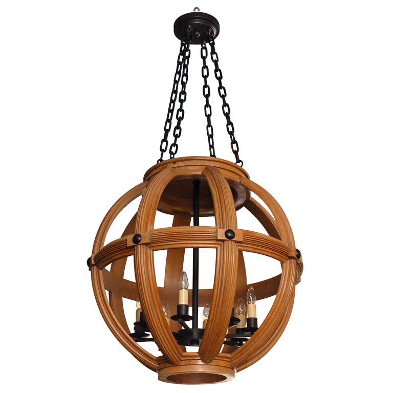 Paul Marra Large Carved Oak Sphere Chandelier For Sale