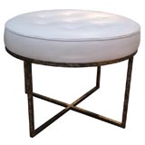 Tufted White Leather Round Stool on Wrought Iron Base