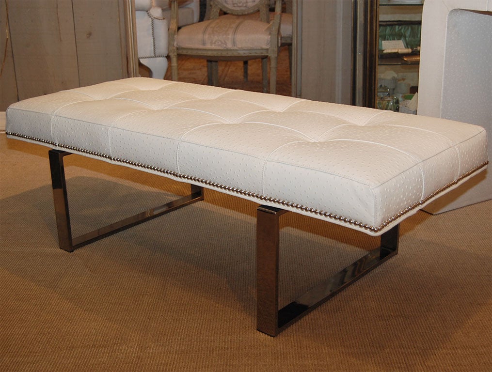 Beautifully made contemporary natural ostrich and chrome bench