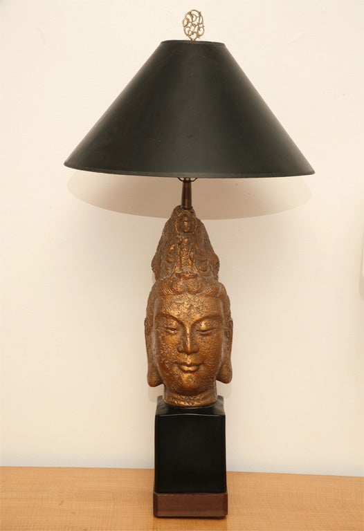 WOOD BASE WITH GILDED CERAMIC BUDDHA AND BRASS ACCENTS NO SHADE.