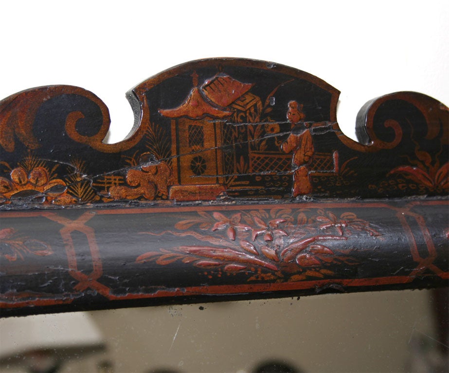 18th Century and Earlier English, Black Lacquered, Chinoiserie Decorated Cushion Mirror For Sale