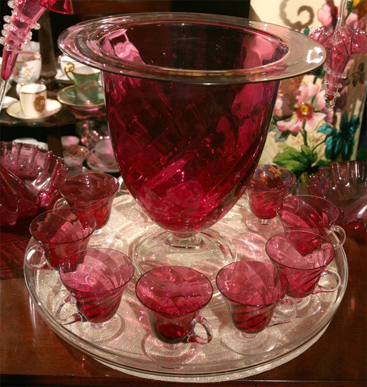 Steuben Cranberry Crystal Punchbowl In Excellent Condition In Great Barrington, MA