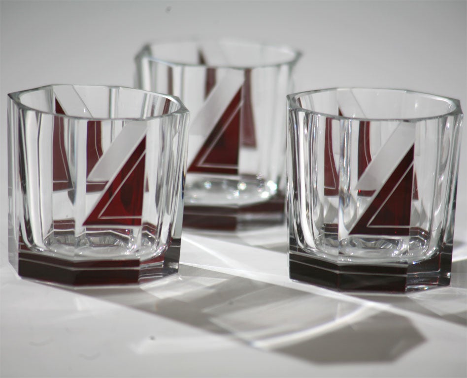 Czech Bohemian Art Deco Seven-Piece Whiskey Set with Red Overlay Designed by Palda