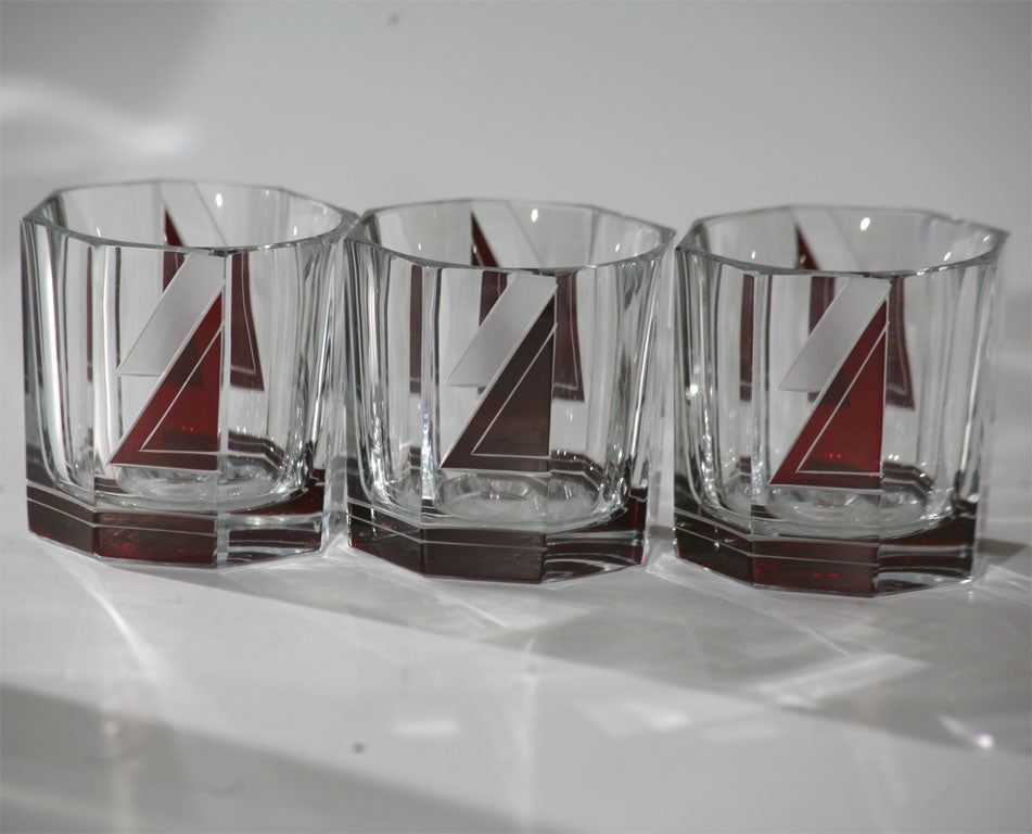 Early 20th Century Bohemian Art Deco Seven-Piece Whiskey Set with Red Overlay Designed by Palda