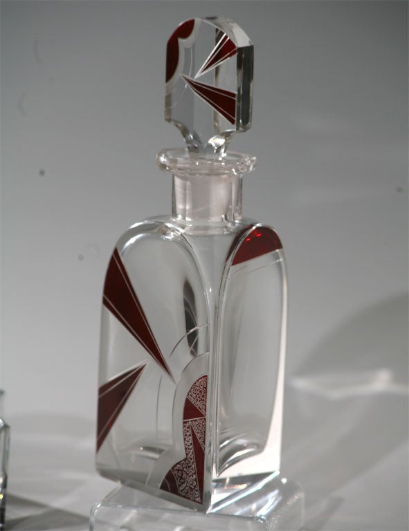 Crystal Bohemian Art Deco Seven-Piece Whiskey Set with Red Overlay Designed by Palda