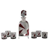 Antique Bohemian Art Deco Seven-Piece Whiskey Set with Red Overlay Designed by Palda