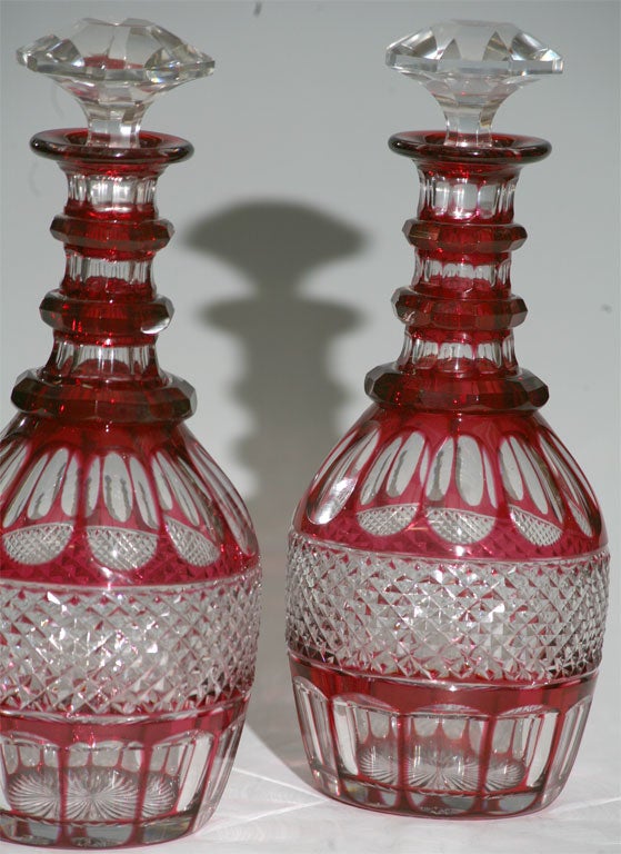 French Pair of Hand Blown Cranberry Overlay Cut to Clear Decanters