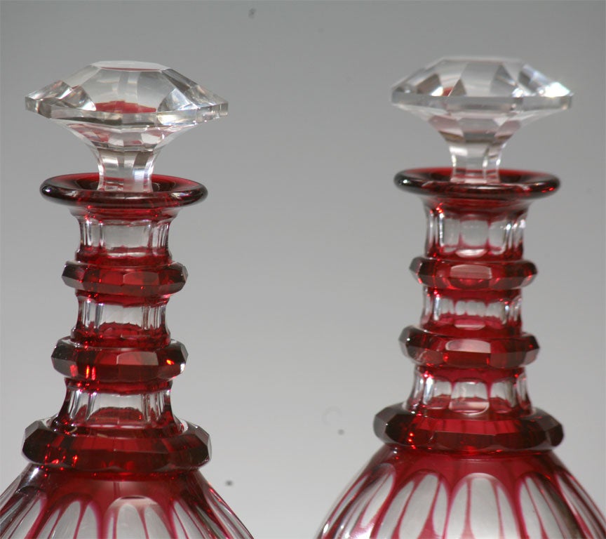 Pair of Hand Blown Cranberry Overlay Cut to Clear Decanters In Excellent Condition In Great Barrington, MA