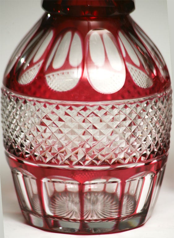 20th Century Pair of Hand Blown Cranberry Overlay Cut to Clear Decanters