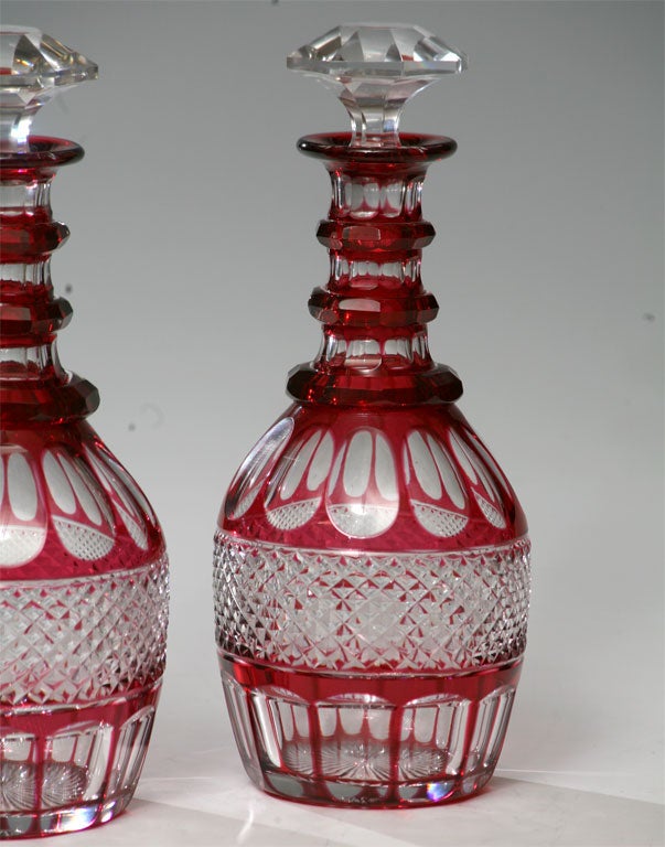 Crystal Pair of Hand Blown Cranberry Overlay Cut to Clear Decanters